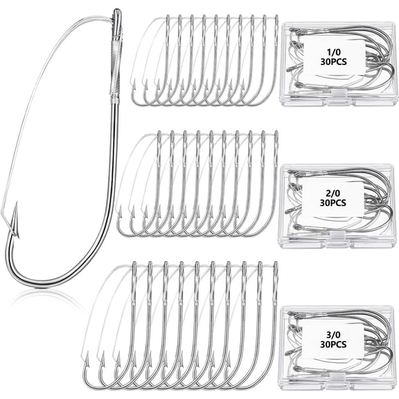 90 Pcs Weedless Wacky Rig Hooks 1/0 2/0 3/0 Bass Fishing Rig Worm Hooks Wide with Box for Wacky Rigging Worm Lure