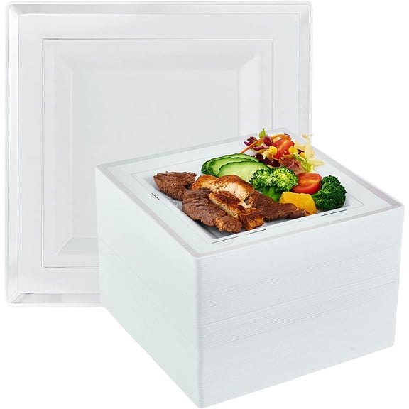 90 Piece 9.5 Inch Square Silver Plastic Plates with Silver Rim
