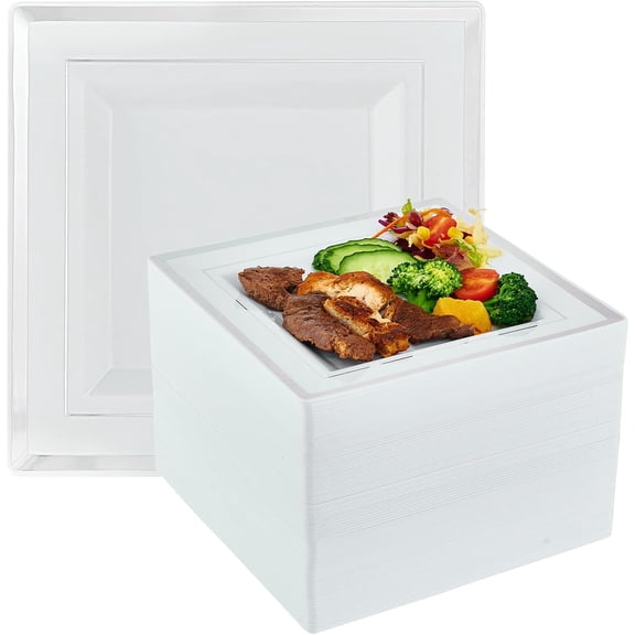 90 Piece 9.5 Inch Square Silver Rim White Disposable Plastic Plates