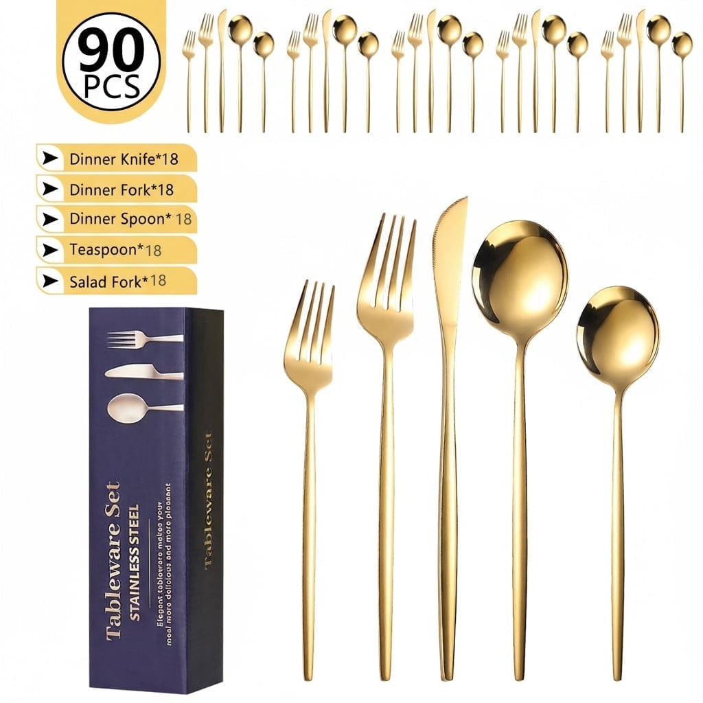 90 Piece Big Gold Silverware Set, Durable Stainless Steel Cutlery Set ...