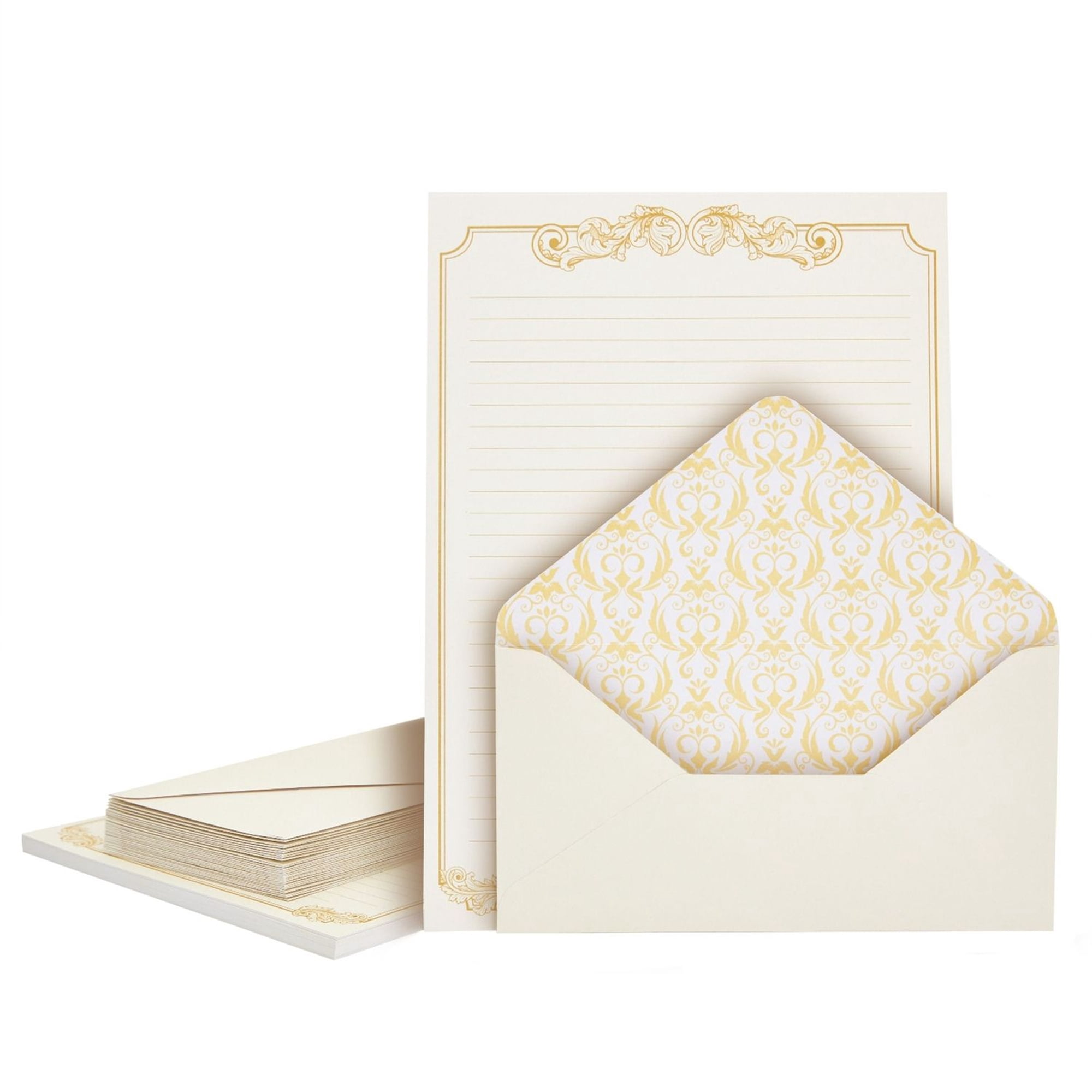 KSIWRE Lot De 24 Feuilles De Papier à Lettres Doré Floral Avec 12 Enveloppes – Papier Ligné Élégant Pour Lettres D'Amour, Invitations & Vacances