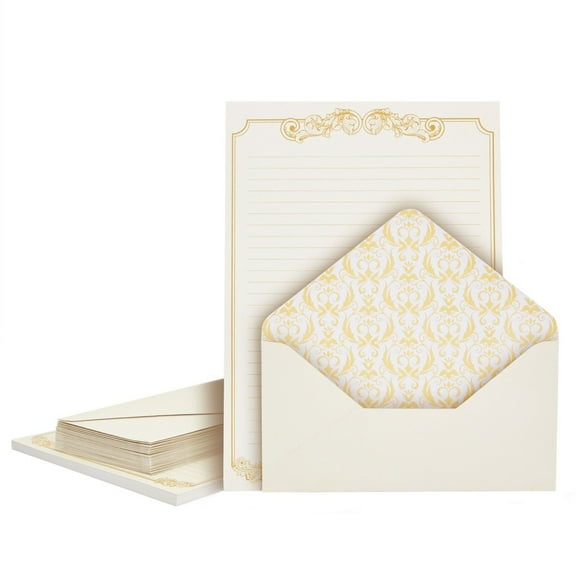Paper Junkie Letter Paper & Envelopes Set - 60 Sheets (7.2 x 10.2 In) & 30 Ivory Envelopes (4 x 7.7 in), Gold Border, 100 GSM - Vintage Lined Stationery for Love Letters & Invitations