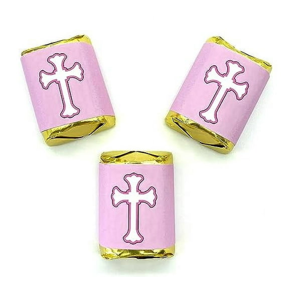 90 Pink Baptism Nuggets Labels, Chocolate Candy Wrapper Stickers, Cross for Christening, Communion, Birthday or Baby Shower Decorations Theme, Made in USA