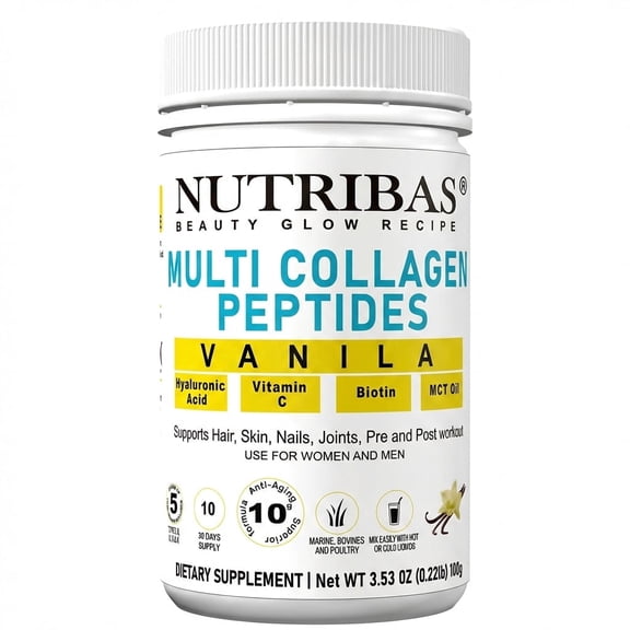 NUTRIBAS Collagen Powder with Vitamin C HA, Protein Powder Vanilla, Gluten Free & Dairy Free, 4 oz
