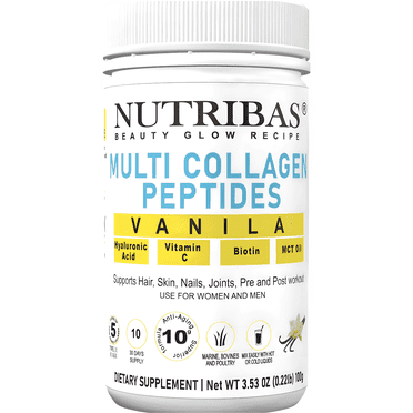 Nutribas Multi Collagen Powder with 5 Types + Biotin, MCT Oil, Hyaluronic Acid & Vitamin C | Vanilla Collagen Peptides for Hair, Skin, Nails, Weight Loss & Joints, - 10 servings