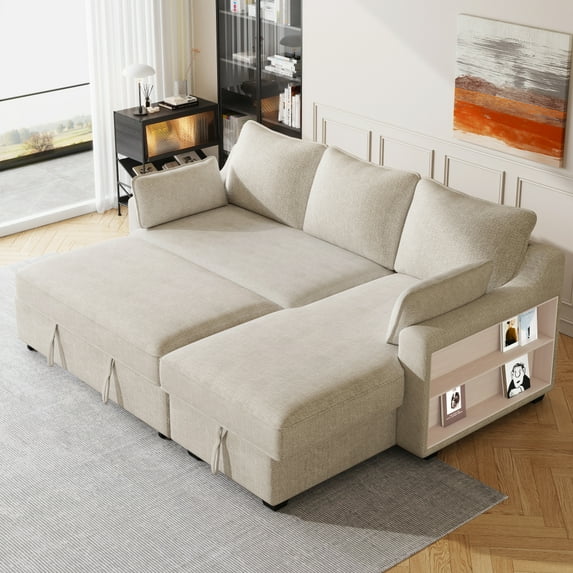 90" Pull Out Sleeper Sofa L-Shaped Couch Convertible Sofa Bed with Storage Chaise, Storage Racks and USB Ports, Beige