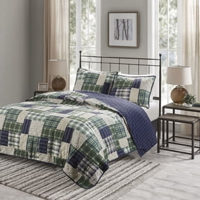 90" Reversible Quilt Set Full/Queen - Green/Navy Patchwork Design with Matching Shams
