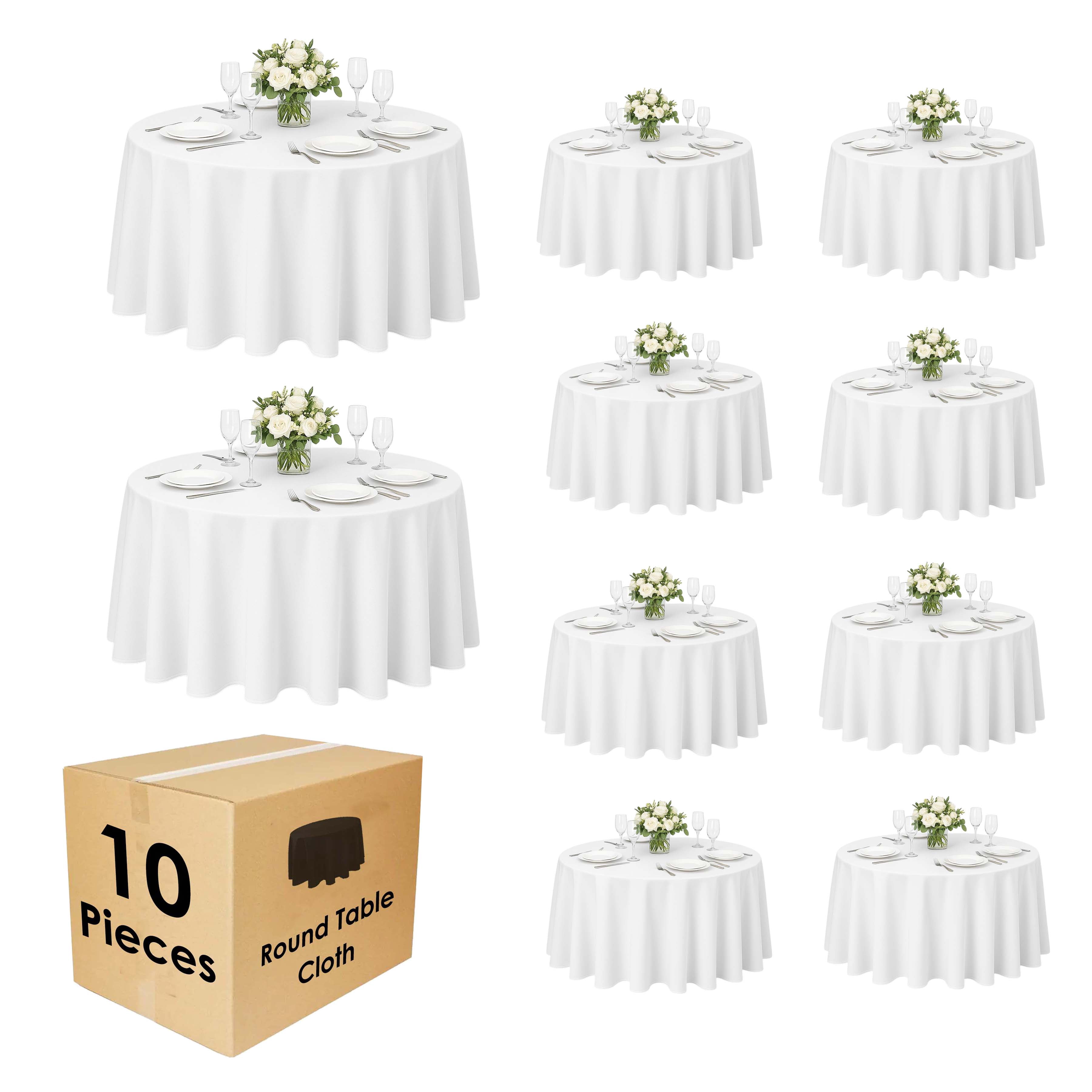 90" Round Polyester Tablecloth White- 10pc. for Home décor, Weddings, Party events, or Restaurants.