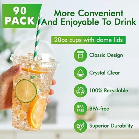 90 Sets 20 oz Clear Plastic Cups with Dome Lids, 20 oz Disposable Plastic Drinking Parfait Cups for Ice Coffee, Smoothie, Frappuccino, Bubble Boba