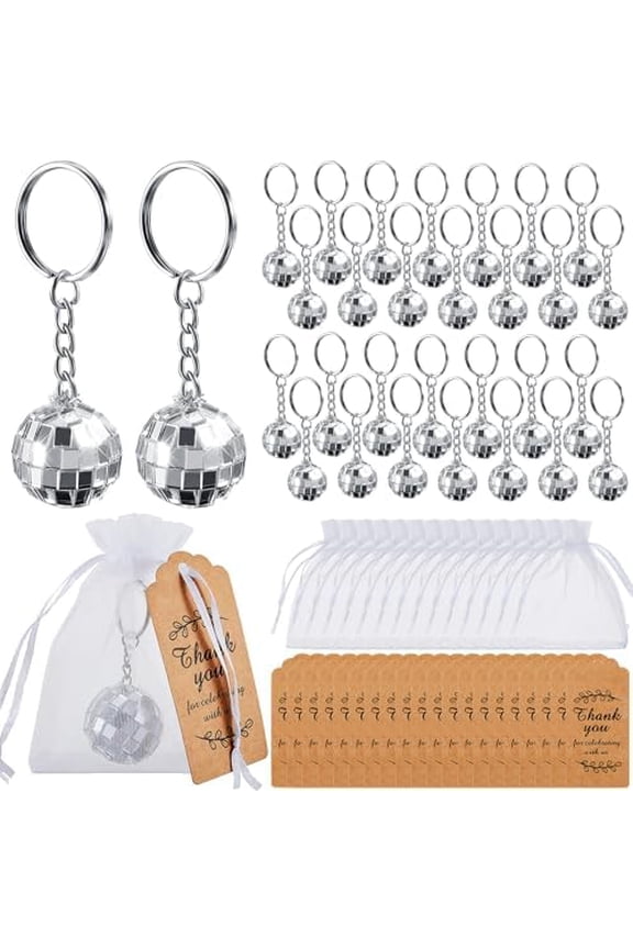 90 Sets Disco Ball Keychains Party Favors Mini Silver Mirror Disco Ball Key Chains with Organza Bags and Thank You Tags for 70s 80s 90s Birthday Halloween Christmas Party Supplies Decorations