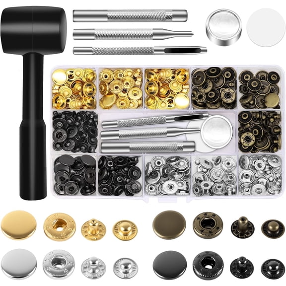 90 Sets Metal Snap Button Kit - 4Installation Tools for Jackets, Bags & Leather Crafts15mm Leather Snap Button Kits with Hammer Punch Spacer