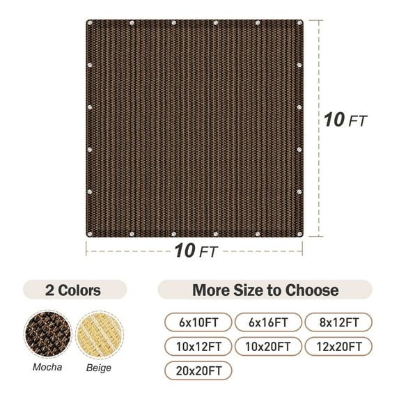 90% Shade Fabric Sun Shade Cloth Taped Edge with Grommets Sun-Block Mesh Shade for Pergola Cover Canopy 10’ x 10’, Mocha