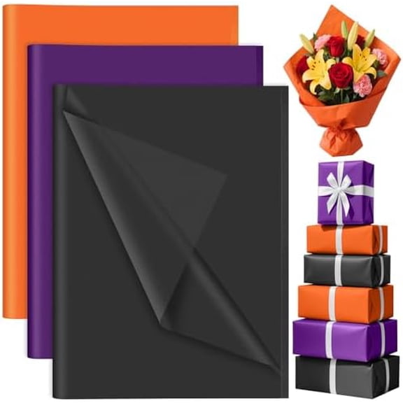 90 Sheets Black Orange Purple Tissue Paper for Gift Bags, Colored Gift Wrapping Paper Tissue Bulk for Crafts Packaging Birthday Gift Wrapping Halloween Party Decorations