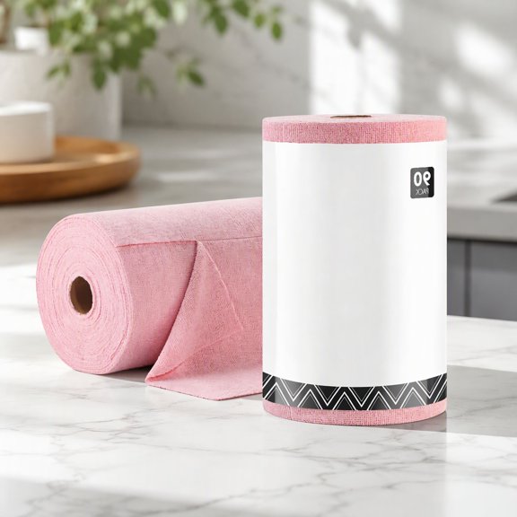 90 Sheets Microfiber Cleaning Cloth Roll, 12" x 12" Tear-Away Reusable Rags, Pink