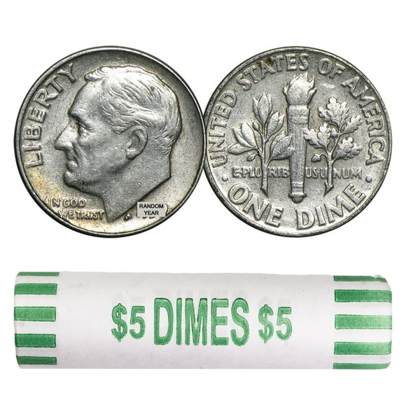 90% Silver Roosevelt Dimes - 50-Coin Roll Avg Circ