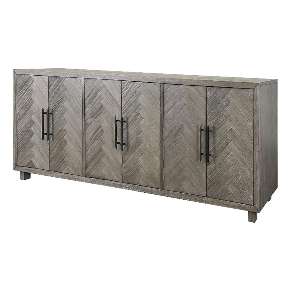Gray 90" Six Door Herringbone TV Console with Iron Hardware