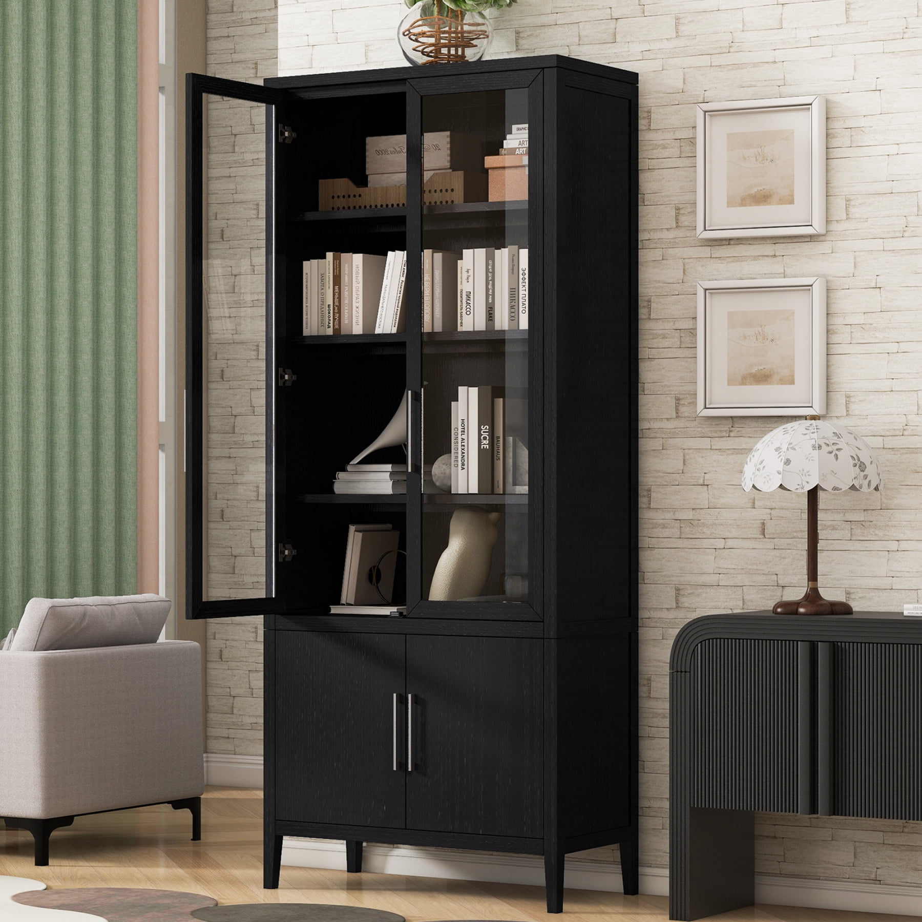Tall Storage Cabinet With Glass Doors And Shelves