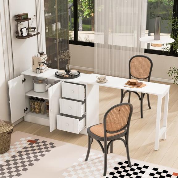 90" Wooden Sideboard with Extendable Table, Modern Buffets Cabinet with 2 Doors and 3 Drawers, Coffee Bar Station Kitchen Table for Living Room, White