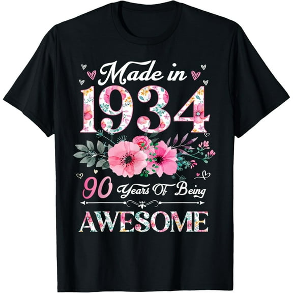 90 Year Old Made In 1934 Floral 90th Birthday Women T-ShirtMen and women, Black T-shirt, size: Extra large