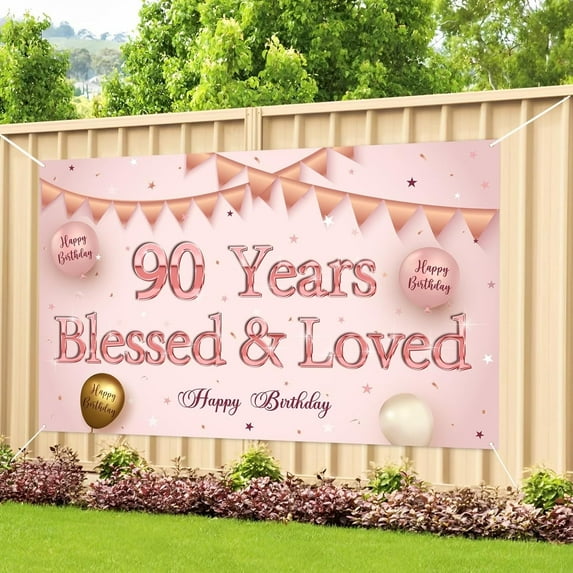 90 Years Blessed & Loved Banner Backdrop, Happy 90th Birthday Backdrops, Mom/Grandma’s 90th Birthday Decorations, Women 90 Years Old Sign Indoor Outdoor, Rose Gold