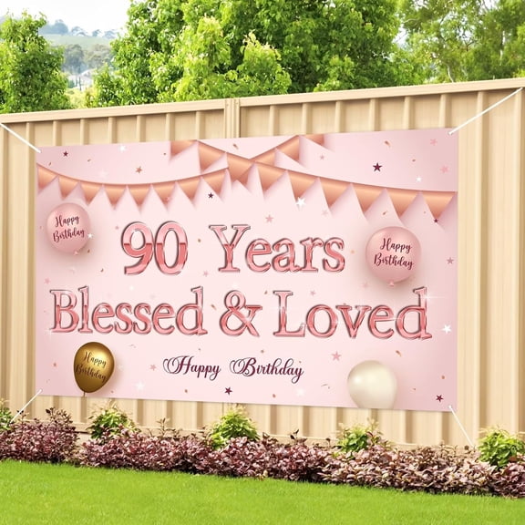 90 Years Blessed & Loved Banner Backdrop, Happy 90th Birthday Backdrops, Mom/Grandma’s 90th Birthday Decorations, Women 90 Years Old Sign Indoor Outdoor, Rose Gold