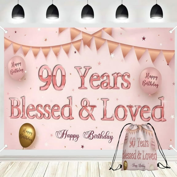 90 Years Blessed & Loved Banner Backdrop with Drawstring Bag, 7x5ft Happy 90th Birthday Backdrops, Mom/Grandma’s 90th Birthday Decorations, Women 90 Years Old Sign Indoor Outdoor, Rose Gold