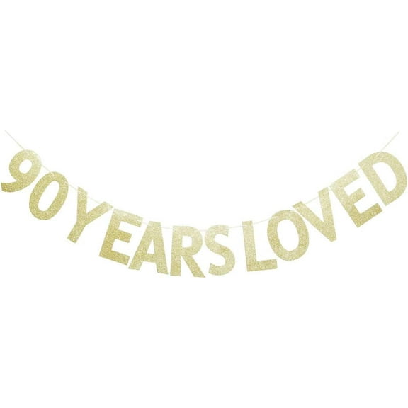 90 Years Loved Gold Glitter Banner for 90th Birthday/Wedding Anniversary Party Sign Photo Props
