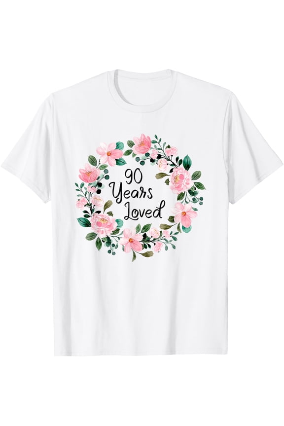 90 Years Loved Men Women 90 Years Old Floral 90th Birthday T-ShirtMen and women, White T-shirt, size: Extra large