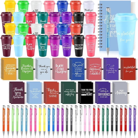 90 count Employee Appreciation Set, 16oz Tumbler with Lid Notebook Pen Bulk Thank You Holiday Party Favor for Office Coworker Teacher Staff Team (Multi Color,Delicate Style)