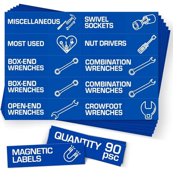 90 count Tool Box Labels 3.5x1 inch - Blue Toolbox Labels for Tool Box Drawers Toolbox Organizer Chest Pre-Printed & Blanked Emblems for Organization - Toolbox Emblems