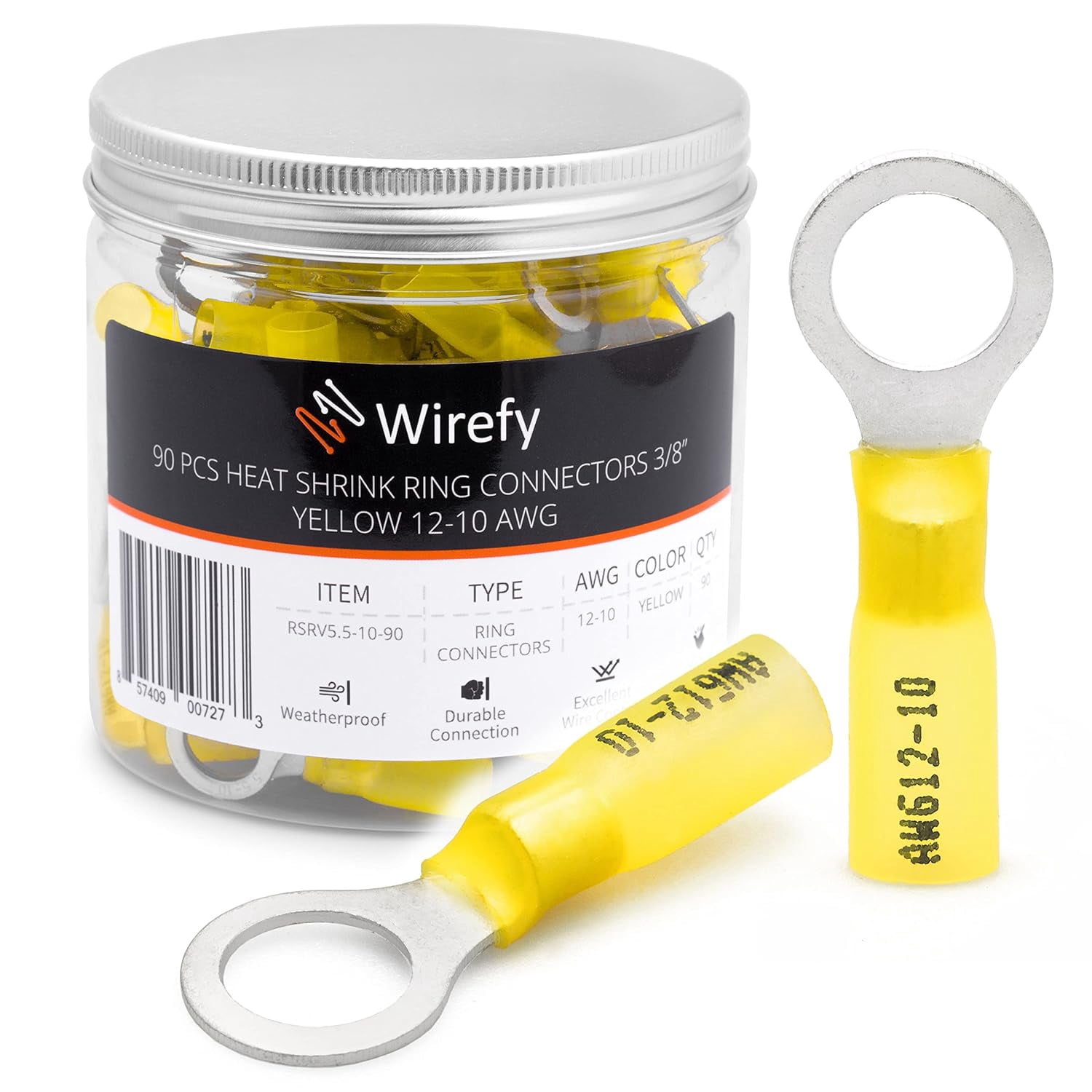 90 heat shrink ring terminals 3/8 inch - tensile resistant ring connectors - eye-shaped wire connectors - yellow 10-12
