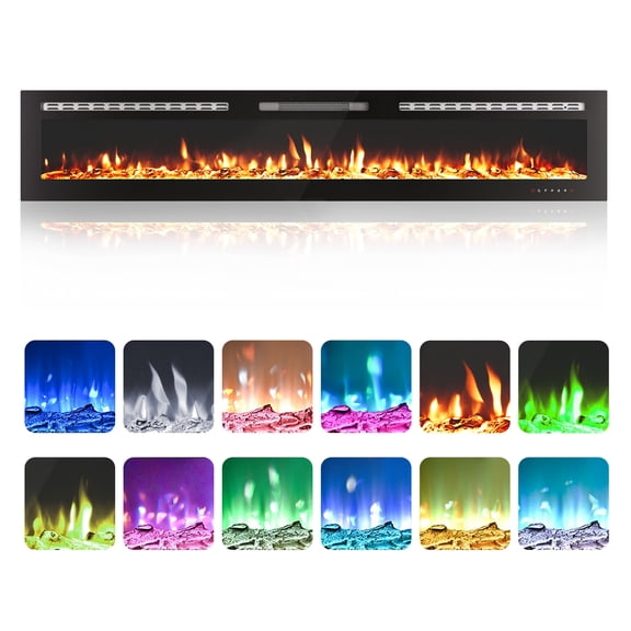 90 inch Smart Linear Electric Fireplace Insert Heater, Recessed Built-In or Wall Mount, WiFi Remote Touch Control, 12-Color Flames, Adjustable Thermostat, Timer, Logs Crystals, 750W/1500W