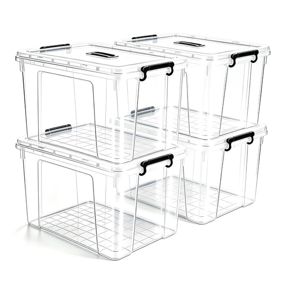 90 qt Clear Storage Bins 4-Pack, Stackable Plastic Totes with Secure Lock Lids, Crystal-Clear Visibility, Easy-Grip Handles for Garage Closet Organization