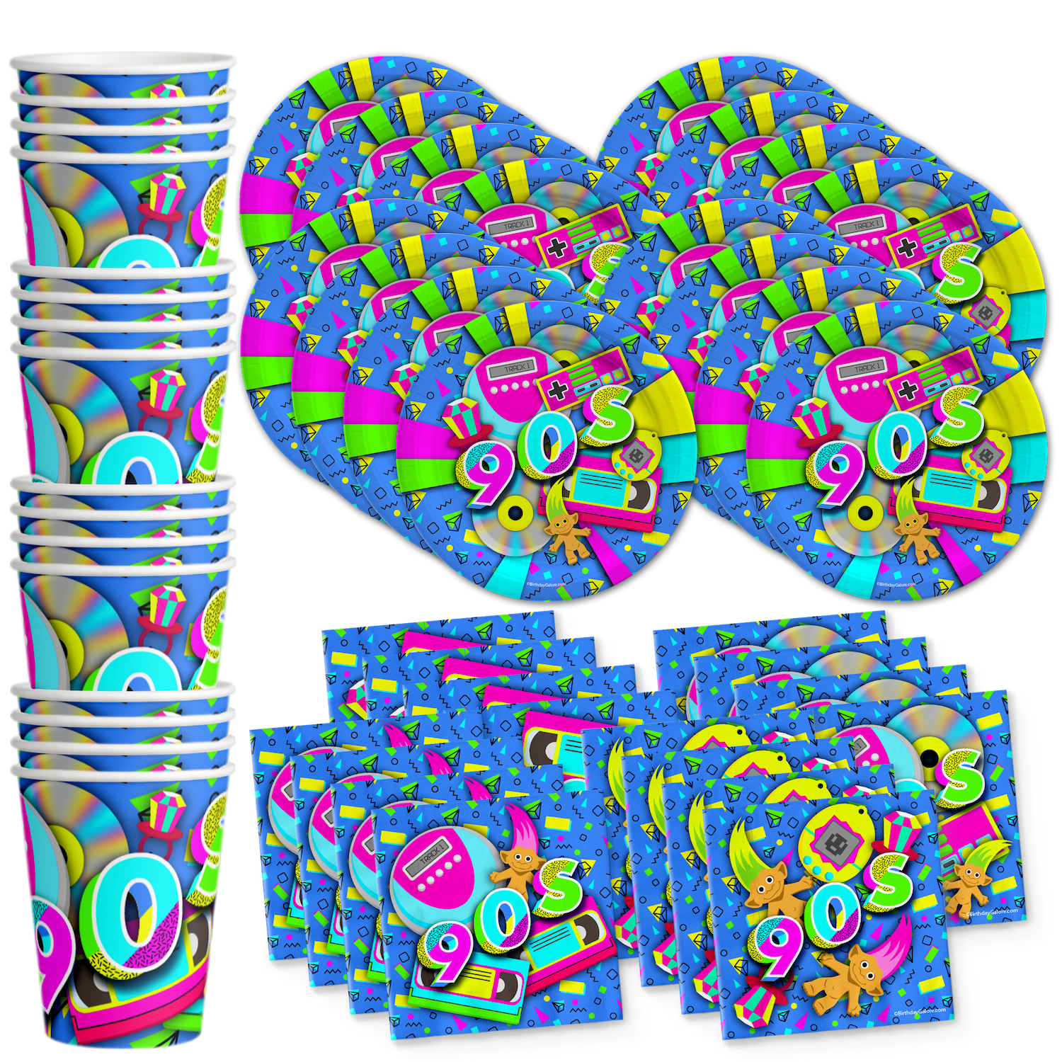 BIRTHDAY GALORE 90's Birthday Party Supplies Set Plates Napkins Cups Tableware Kit for 16