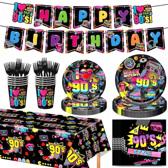 90's House Party Decorations, Graffiti Wall Back to the 90s Supplies | Disposable Retro Hip Hop Birthday Party Supplies, Paper Plate, Cup, Napkin, Tablecloth, Cutlery, Banner, Serves 10