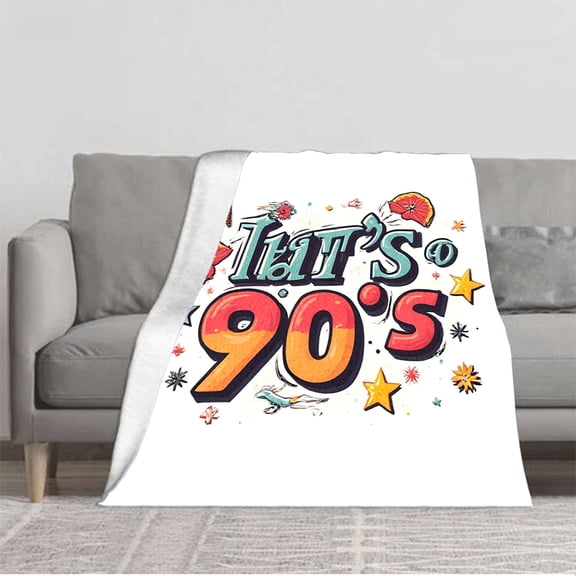 90's Inspired Colorful Flannel Blanket - Soft Cozy Durable Design with Playful Ice Cream Flowers & Stars for Sofa Travel & Bed