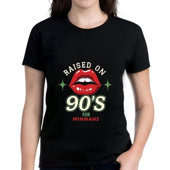 90's Inspired Cotton Short Sleeve T-Shirt for Women - Graphic Design with 'RAISED ON 90'S FOR WINMANS' Text & Green Stars
