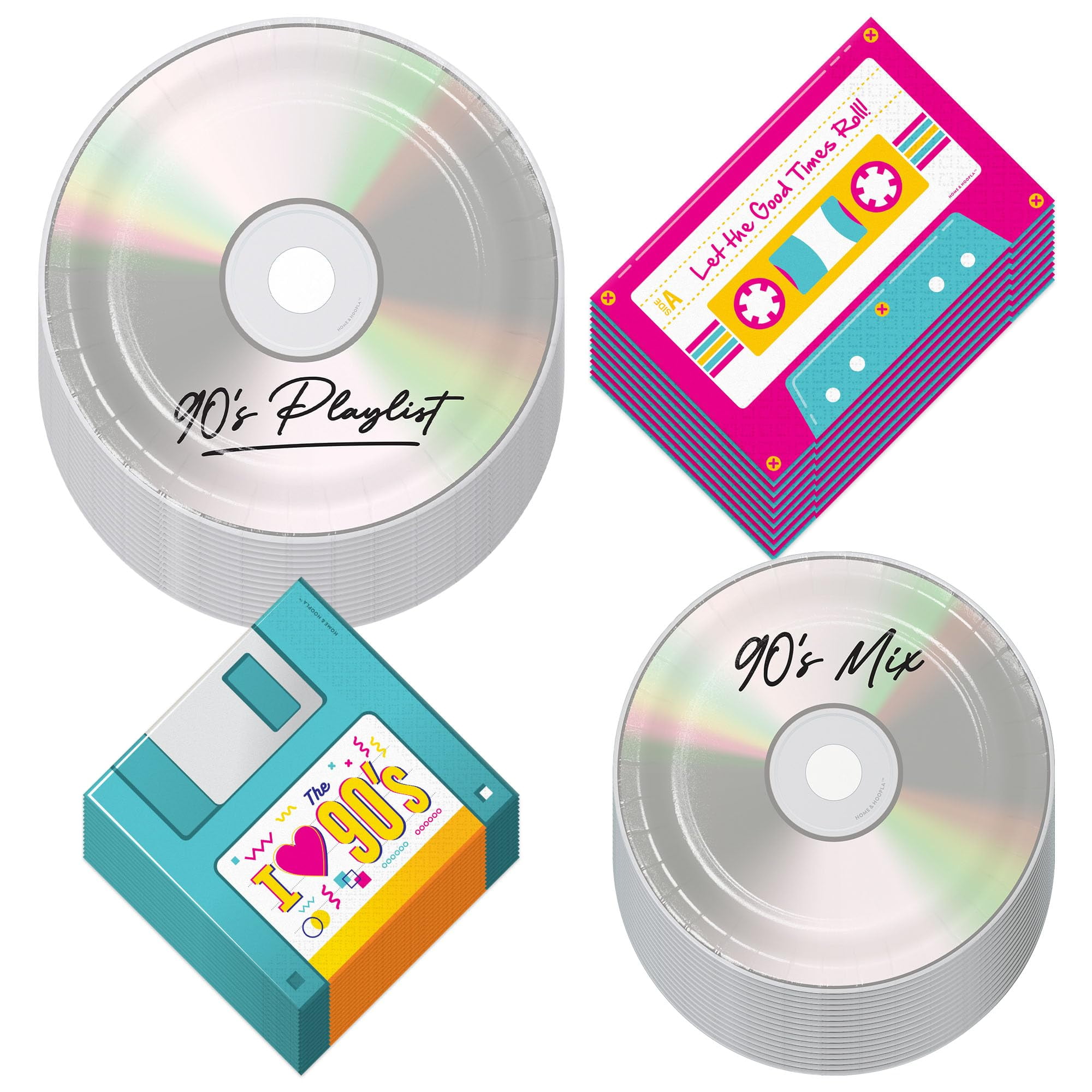 90's Party Supplies - 90's Playlist CD Paper Dinner Plates, 90's Mix CD Dessert Plates, Cassette Tape and Floppy Disk Napkins (32 Plates & Napkins)