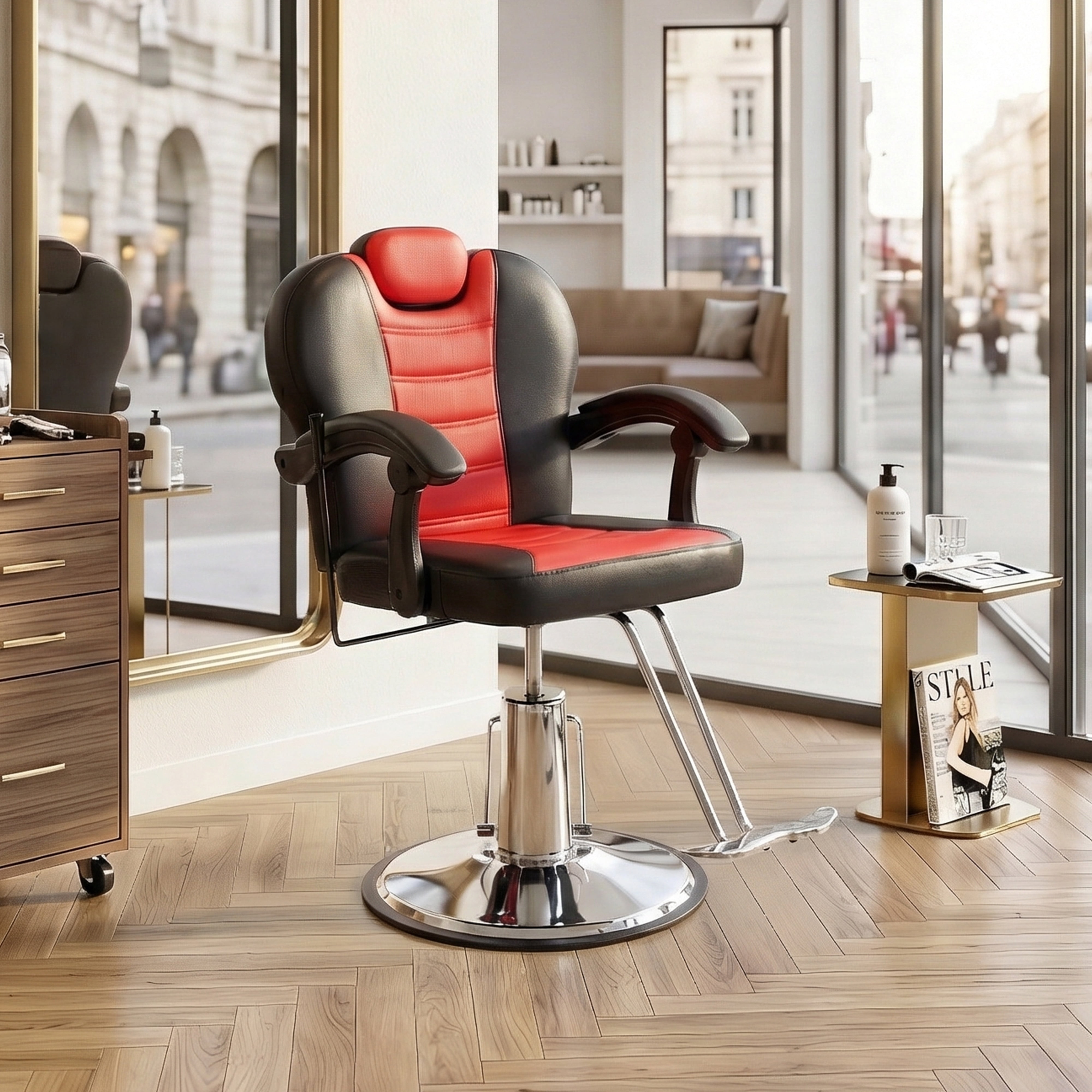 90 to 150-Degree Reclining Barber Chair with Hydraulic Pump and 360 Swivel, Heavy-Duty Salon Styling Chair with PU Leather and 400 lb Capacity, Red