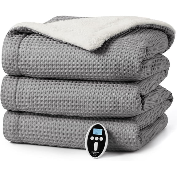90" x 100" Grey Waffle Heated Throw Blanket,Machine Washable Electric Blankets Fast Heating with LCD Controller,6 Heat Levels & 2-10H Time Settings,Heat Throw for Couch.