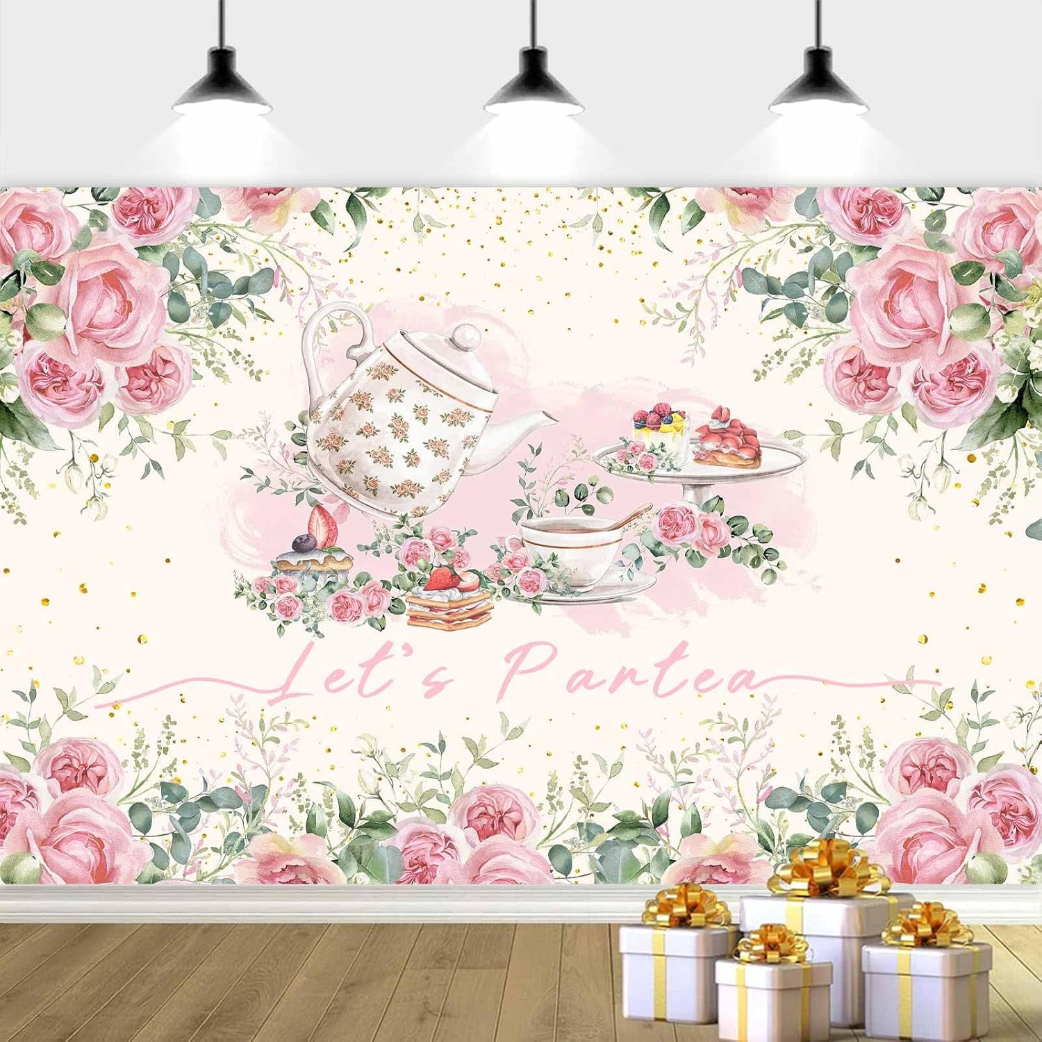 90 x 60 Inch Tea Party Backdrop, Let's Partea Backdrop Decor Pink Tea ...