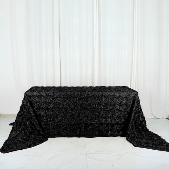 90"x156" Wholesale Rectangle Table Cover Black Grandiose Rosette 3D Satin Tablecloth for Wedding Party Event Decoration