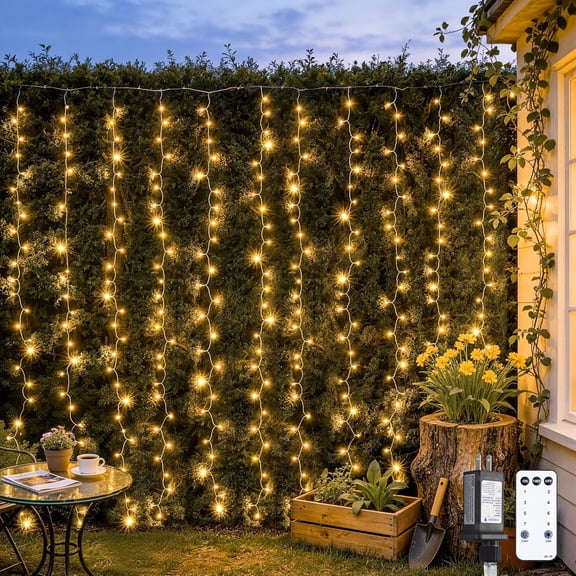 900 LED Outdoor Curtain Lights, 9.5x29.5ft Christmas Lights Plug in with Remote, Twinkle Hanging String Light for Bedroom Wall Wedding Backdrop Window Gazebo Decor, Warm White