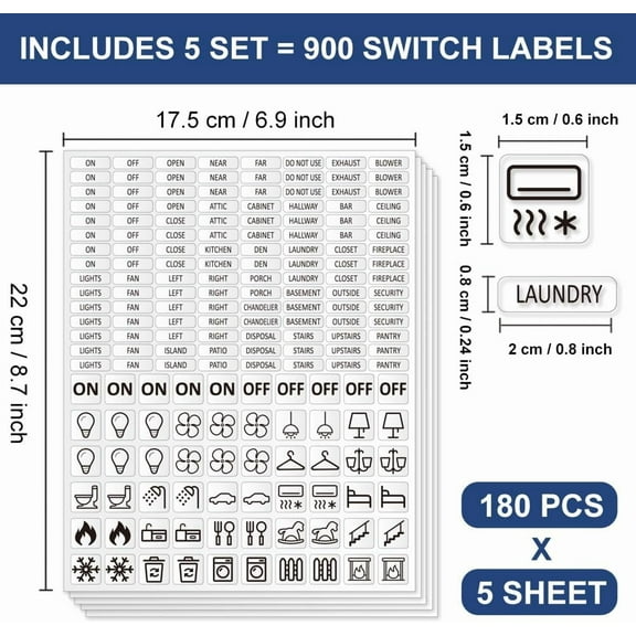 900 Pcs Light Switch Sticker Labels 57 Designs Transparent Switch ID Sticker Blue Switchboard Label Decals for Home Kitchen Bathroom Office School