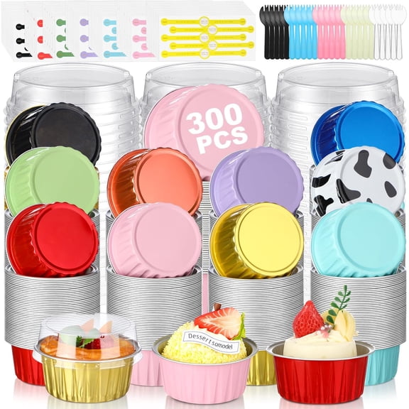 900 Pcs Round Mini Loaf Pans with Lids Spoons Sealing Sticker Disposable Small Cake Baking Pans Aluminum Foil Cupcake Cups for Wedding Baby Shower Birthday Party, Mixed Color