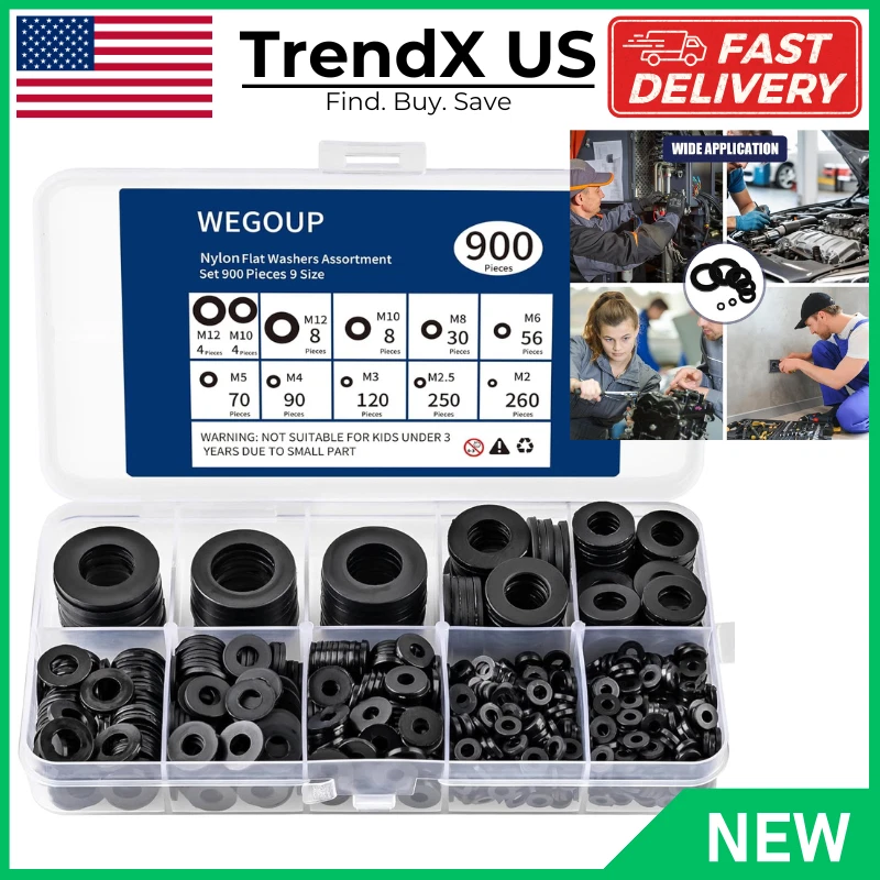 900-Piece Nylon Flat Washer Assortment Kit Black Plastic Flat Washers ...