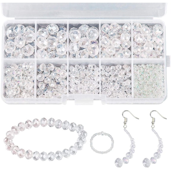 900+ Pieces Crystal Beads Kit, Rondelle Faceted Glass Beads AB Crystal Beads Assorted Supplies for Jewelry Making Findings with Plastic Storage Box (2-10mm, Clear)