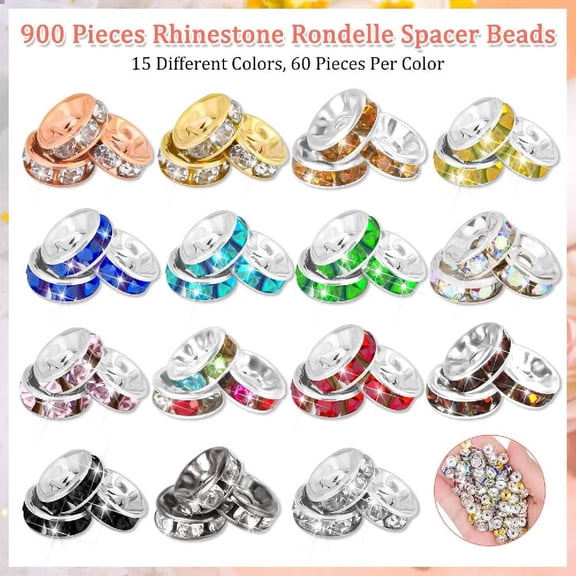 900 Pieces Rondelle Spacer Beads for Jewelry Making, 8mm Rhinestone Spacer Beads for Beaded Pens, Crystal Bead Spacers for Jewelry Making, Bracelets