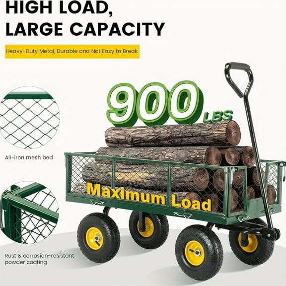 900-Pound Capacity All-Terrain Hand Truck - 10" Tires, Heavy-Duty Steel Frame, No-Assembly Foldable Wagon for Camping/Beach/Gardening/ATV/Tractor