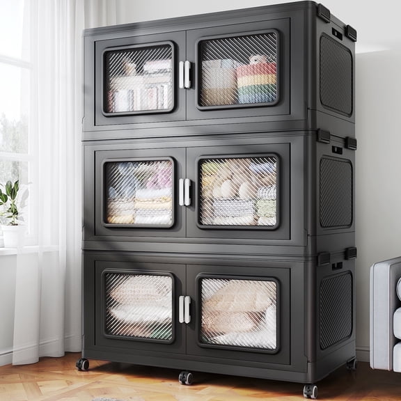 900Qt Extra Large Stackable Storage Bins with Lid, 225Gal Collapsible Closet Organizer and Storage Drawers with Wheels, Plastic Storage Box, 3Packs, Black
